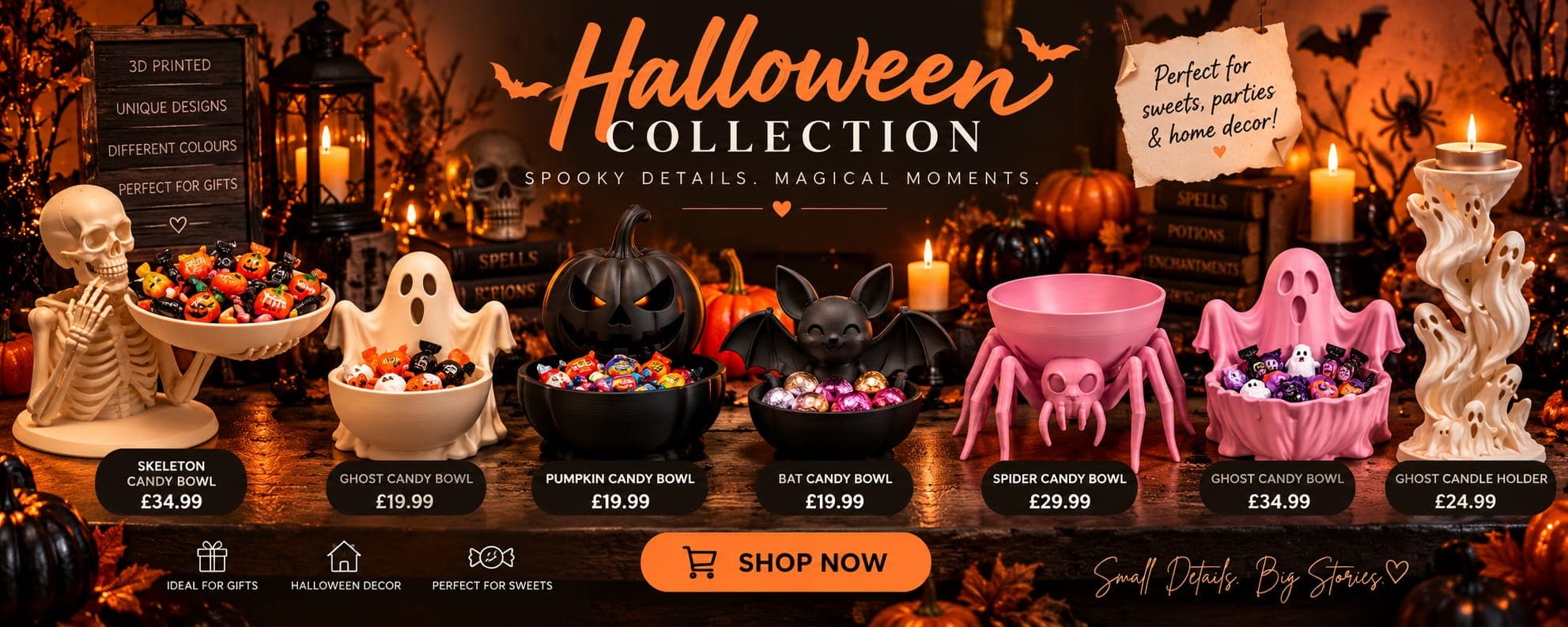 DreamCraft Studio Halloween Collection: skeleton, ghost, pumpkin, bat and spider candy bowls, and a ghost candle holder